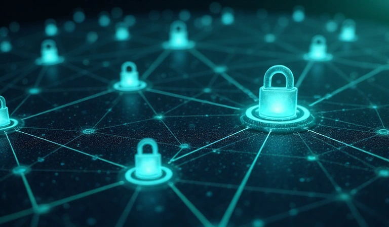Abstract representation of data flow and security, with lock icons and interconnected nodes